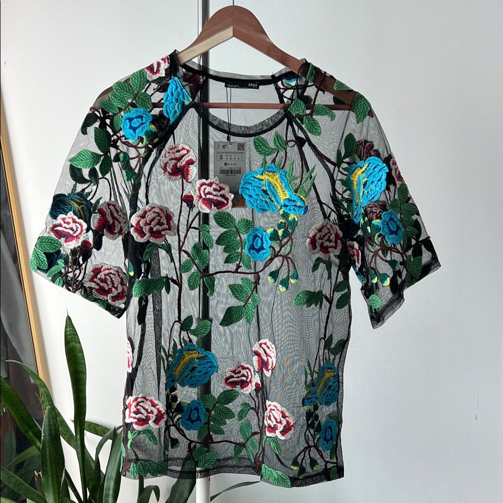 Zara Sheer Top with Colorful Floral Embroidery